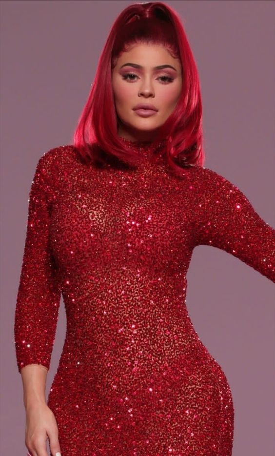 Kylie Jenner Showcases Her Hourglass Curves In Skintight Red Sequin Dress With Crimson Hair 